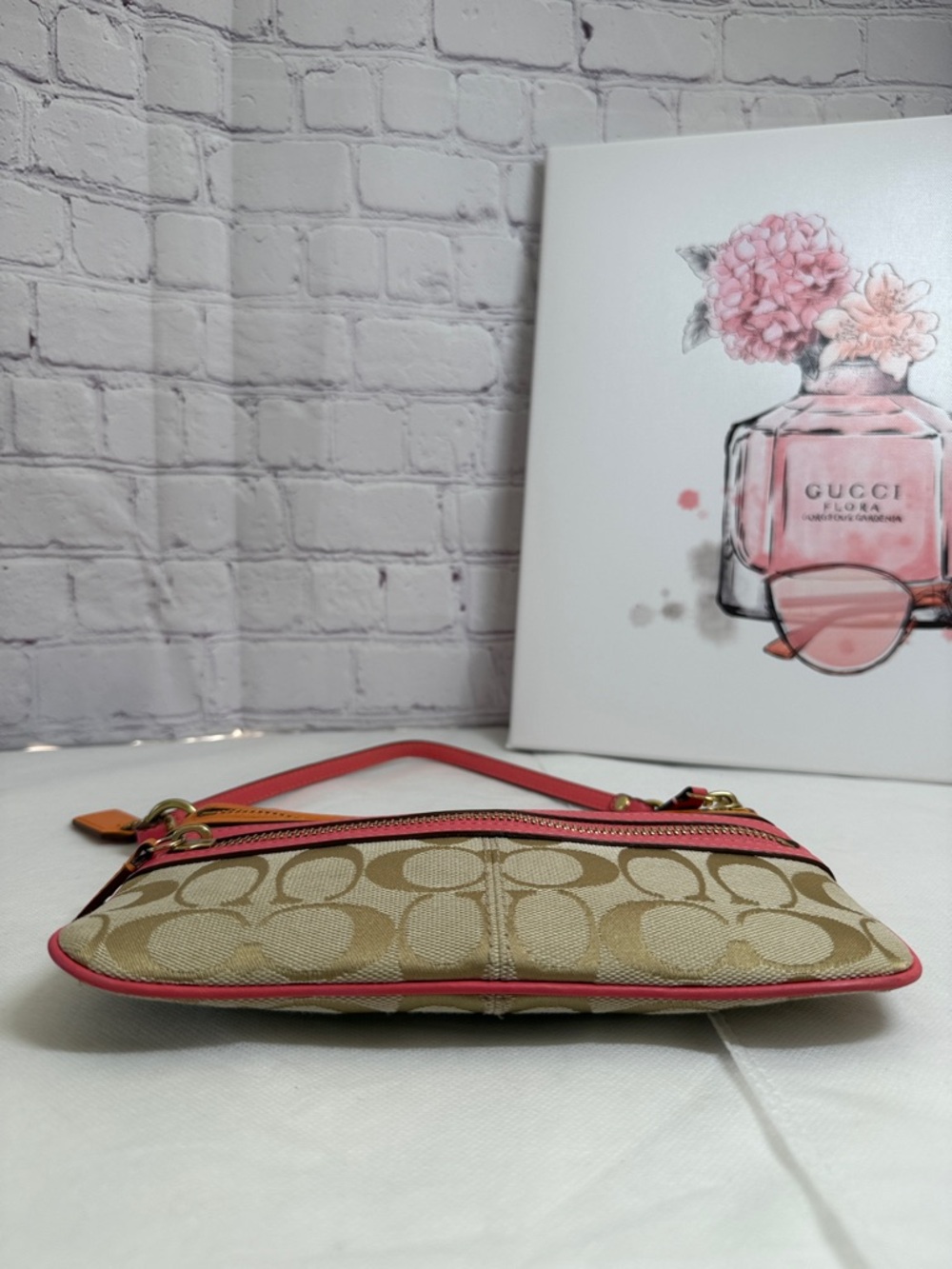 LOWSTARTCoach Small Shoulder Bag Wristlet Pink Orange Leather 3 Pockets ALMSTMNT - Picture 13 of 15